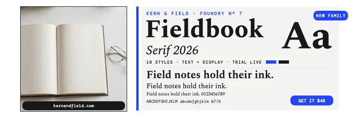 Fieldbook Serif launch specimen header template
