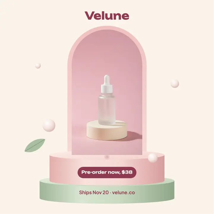 Velune face serum pre-order pastel podium post: product pre-order post template