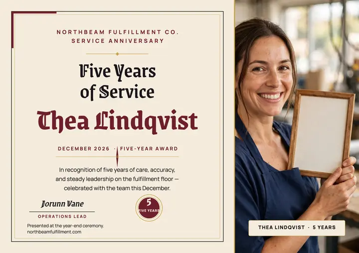 Five-year service award certificate, Northbeam template