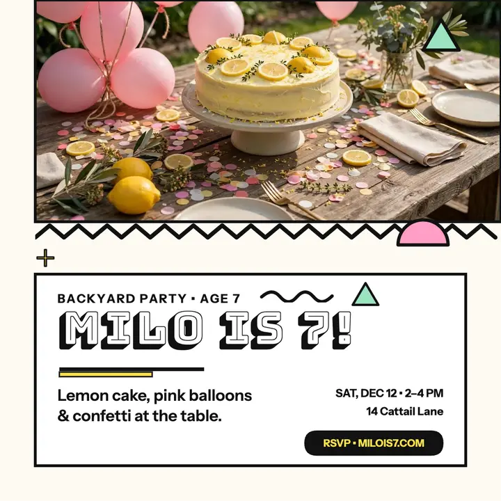 Milo seventh birthday backyard invite: birthday party invite template