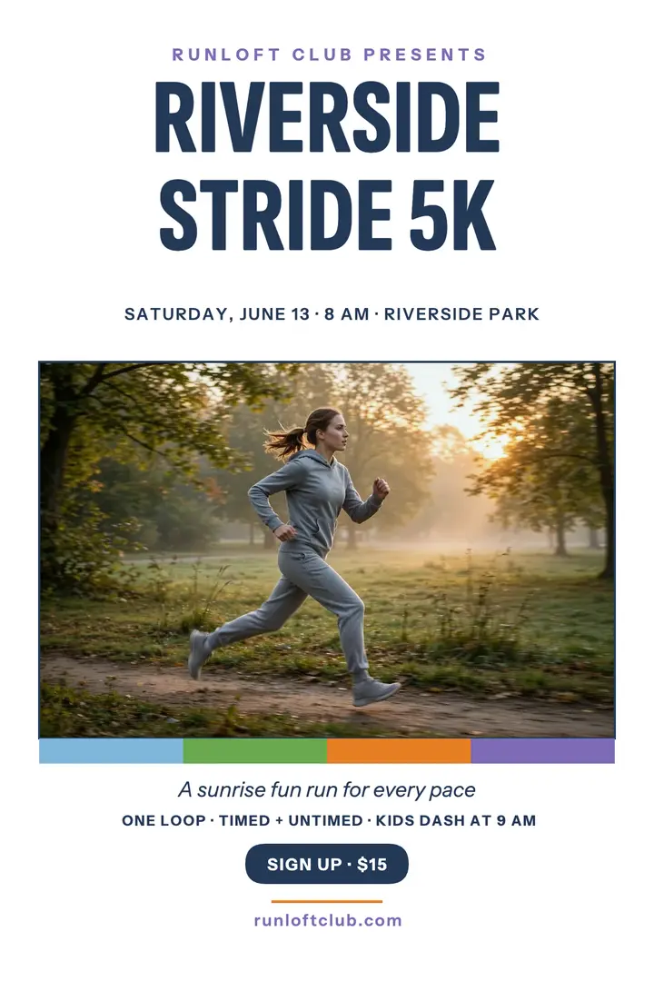 Riverside Stride 5K sunrise run poster: fun run poster template