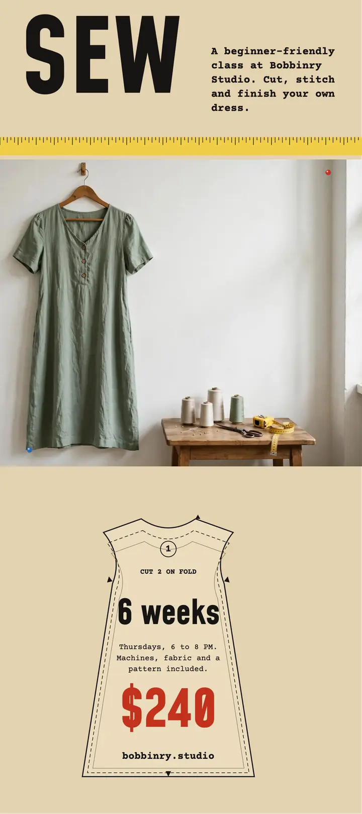 Bobbinry sew a dress rack card: sewing class rack card template