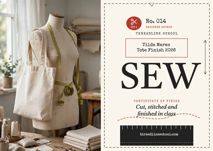Threadline sewing course certificate, tote finish template