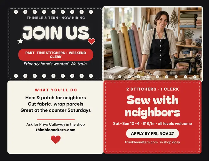 Thimble and Tern stitchers hiring flyer template