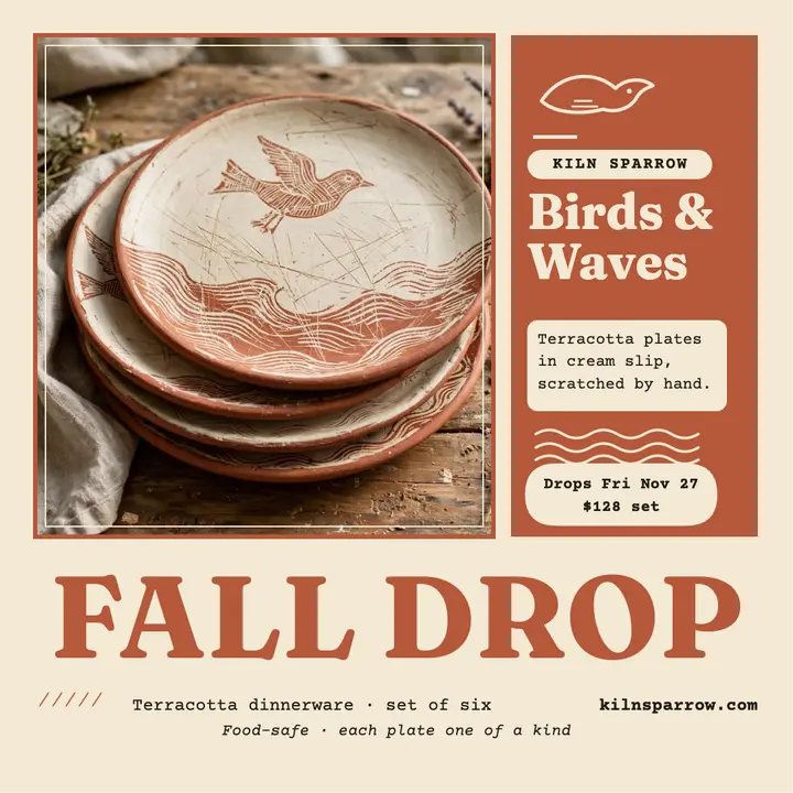 Kiln Sparrow sgraffito dinnerware drop post: dinnerware launch post template