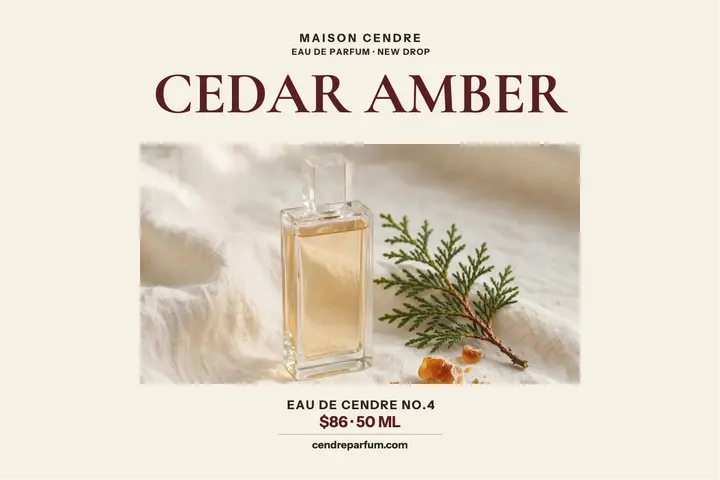 Maison Cendre cedar parfum launch: fragrance launch postcard template