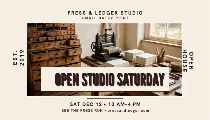 Press and Ledger open studio launch card: letterpress studio launch card template
