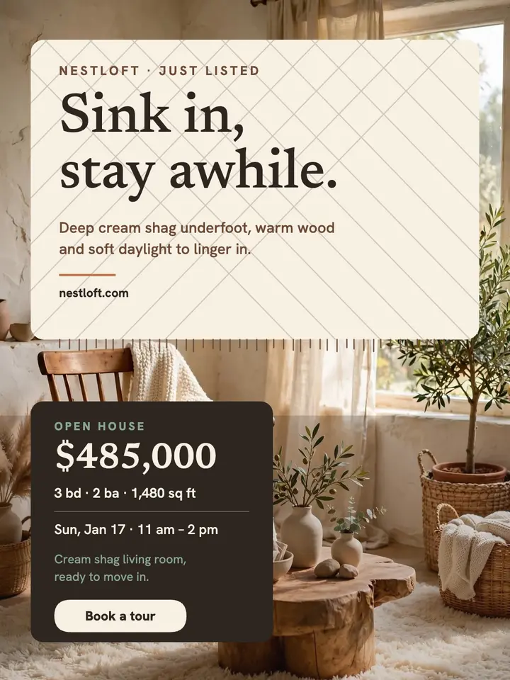 Nestloft shag rug living room listing template