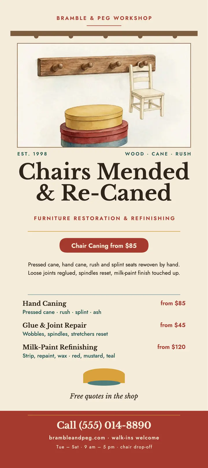 Bramble and Peg chair repair rack card template
