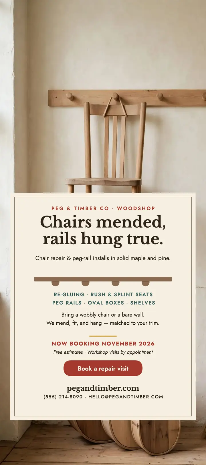 Peg and Timber chair repair rack card template