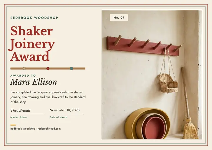 Redbrook Shaker Joinery Award Certificate: woodworking certificate template