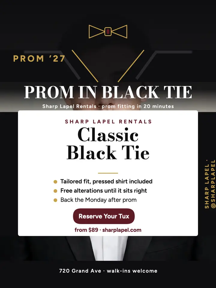 Sharp Lapel prom tux rental portrait ad template