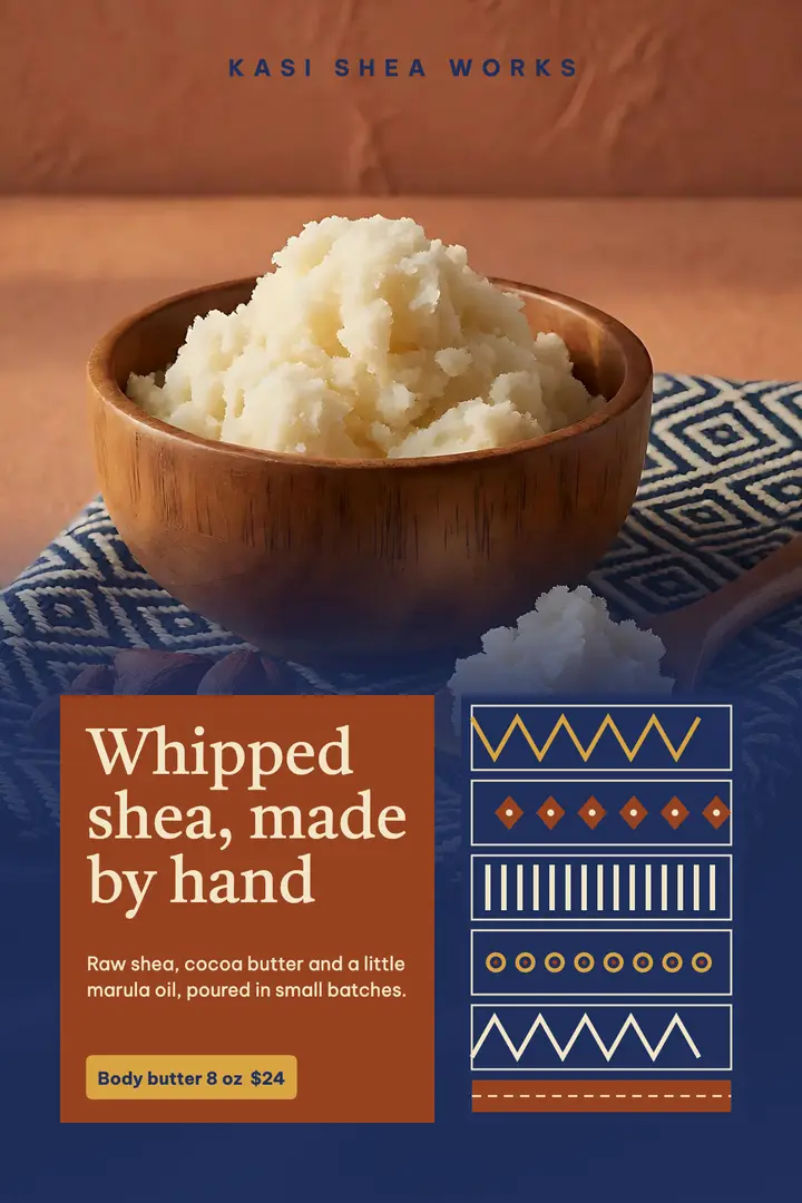 Kasi Shea Works whipped body butter poster, Afro-boho textile template