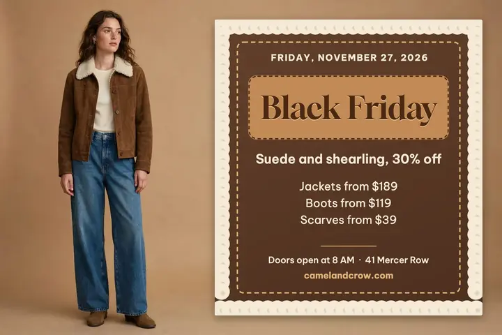 Suede and shearling Black Friday postcard template