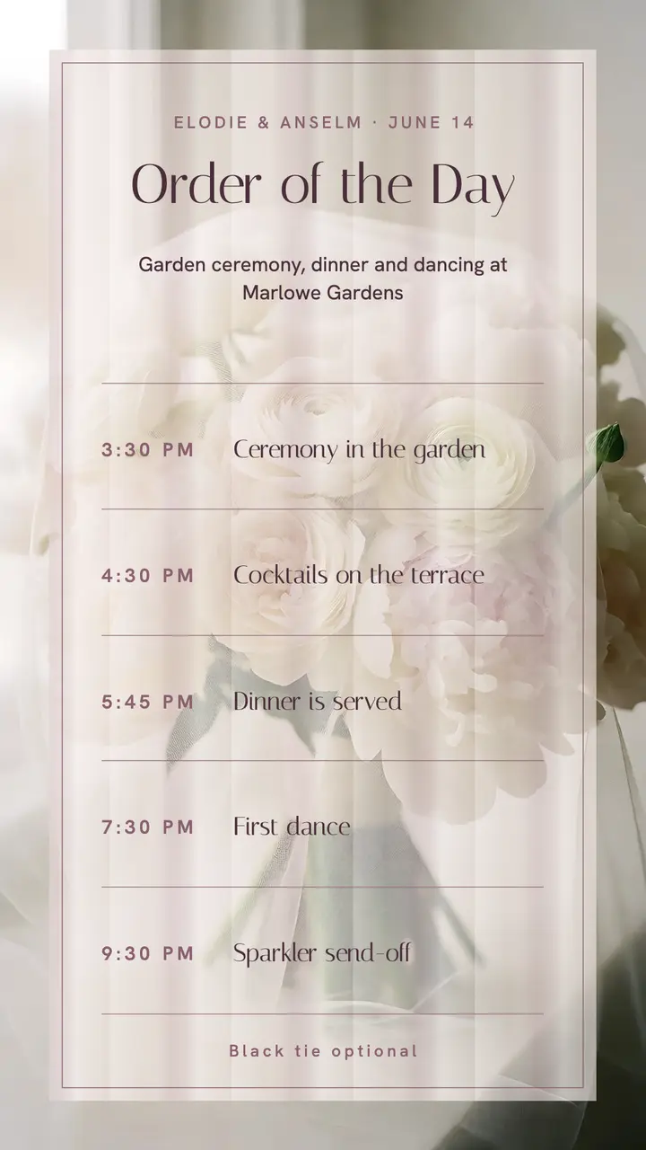 Wedding order of the day sheer veil story template