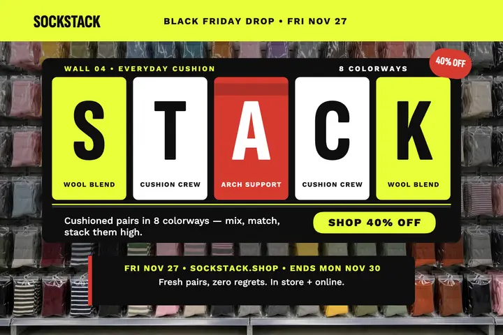 Sockstack Black Friday drop postcard: black friday sock sale postcard template