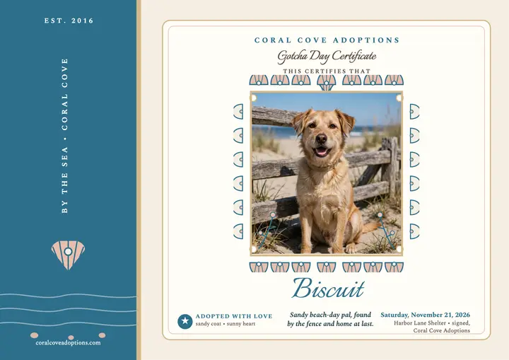 Shell frame dog adoption certificate: pet adoption certificate template
