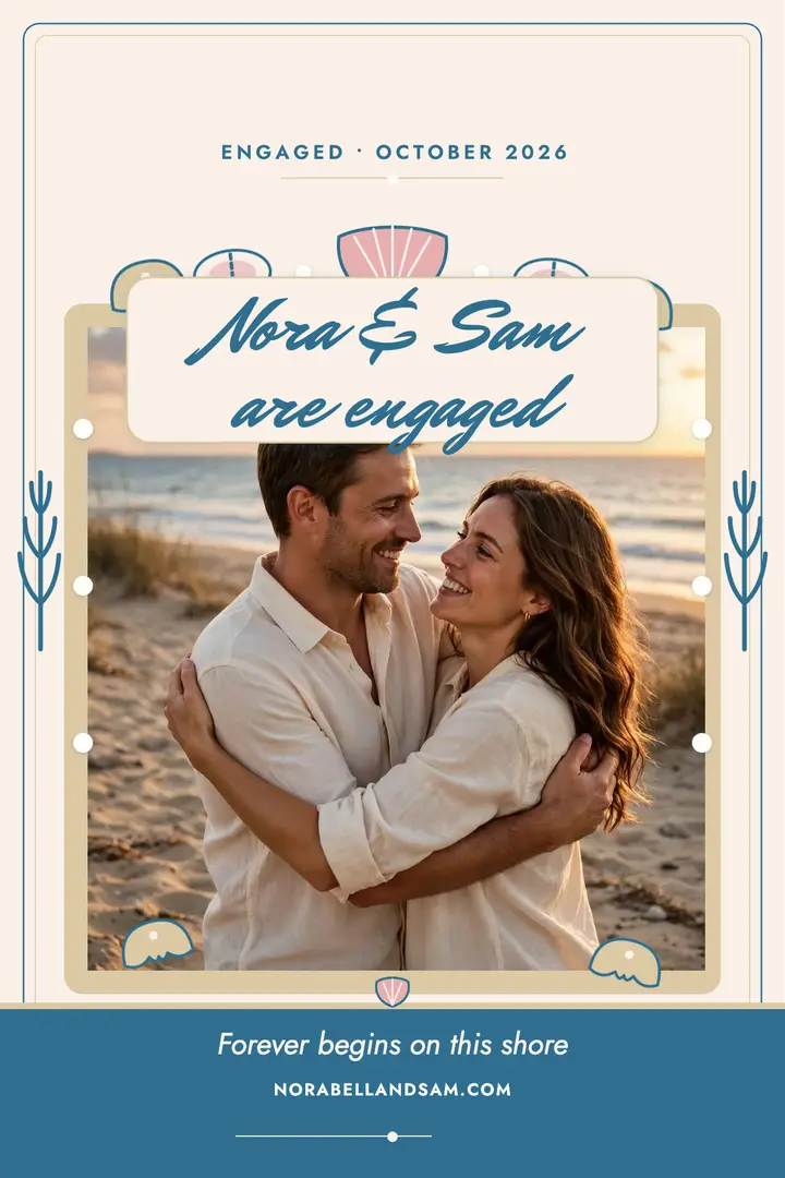 Nora and Sam shell beach engagement poster template