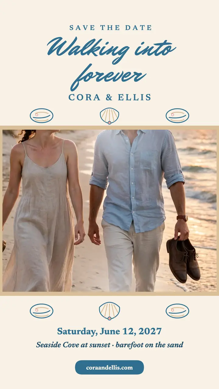 Cora and Ellis beach save the date story: beach save the date story template
