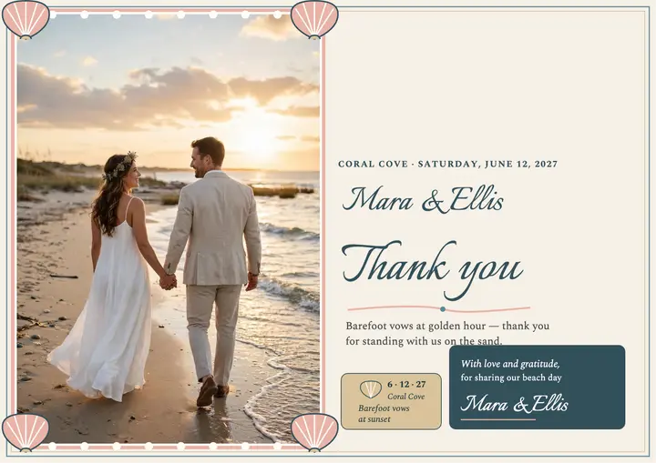 Beach thanks certificate with shell frame template