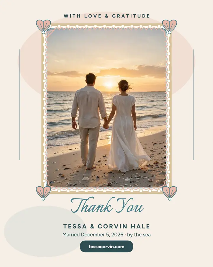 Shell frame beach wedding thank you: wedding thank you post template