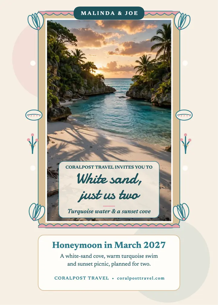 Malinda and Joe honeymoon beach invite: honeymoon invitation template