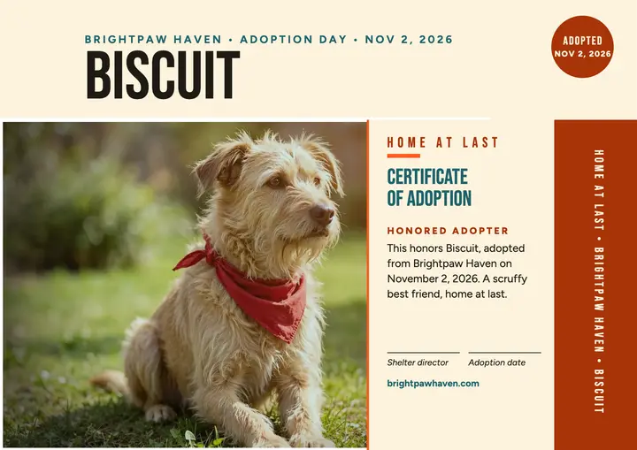 Biscuit adoption day certificate, Brightpaw Haven template
