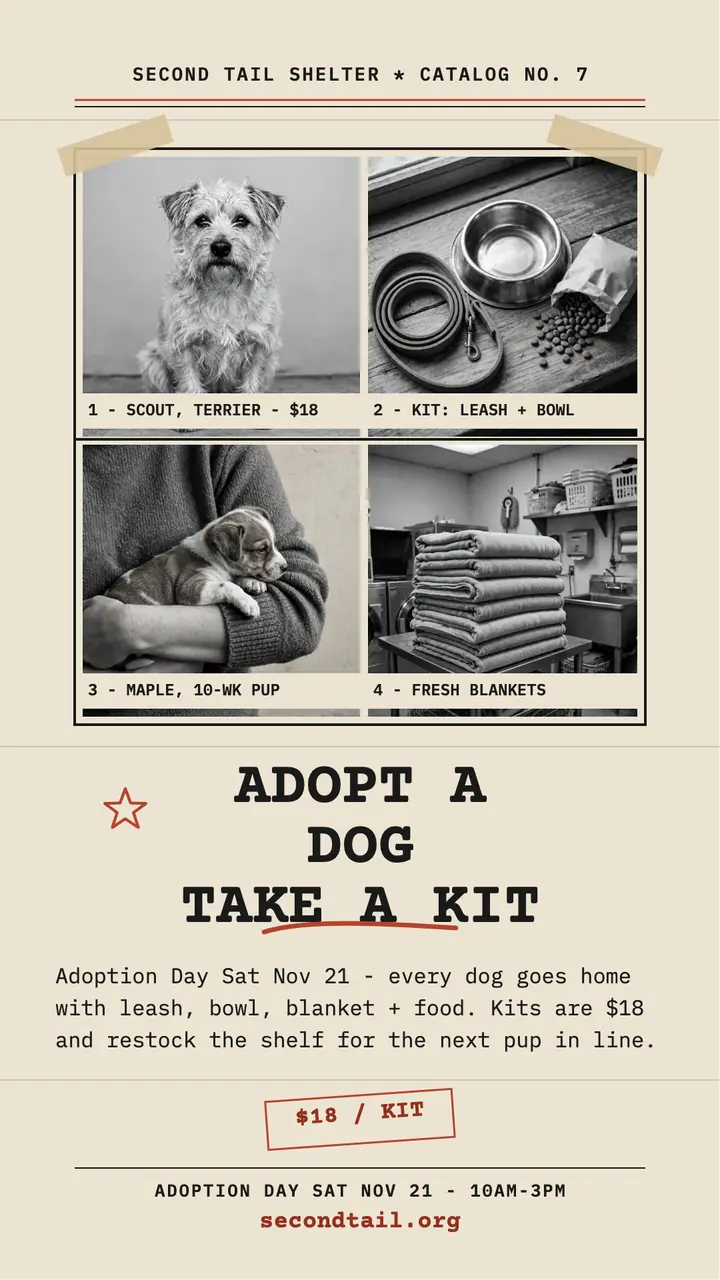 Second Tail adoption kit catalog story: dog adoption catalog story template