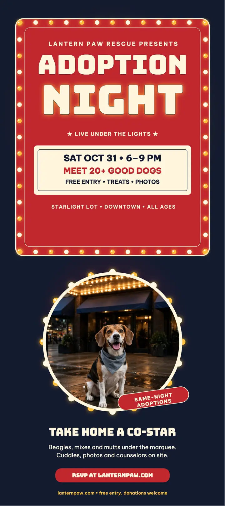 Lantern Paw adoption night marquee card template