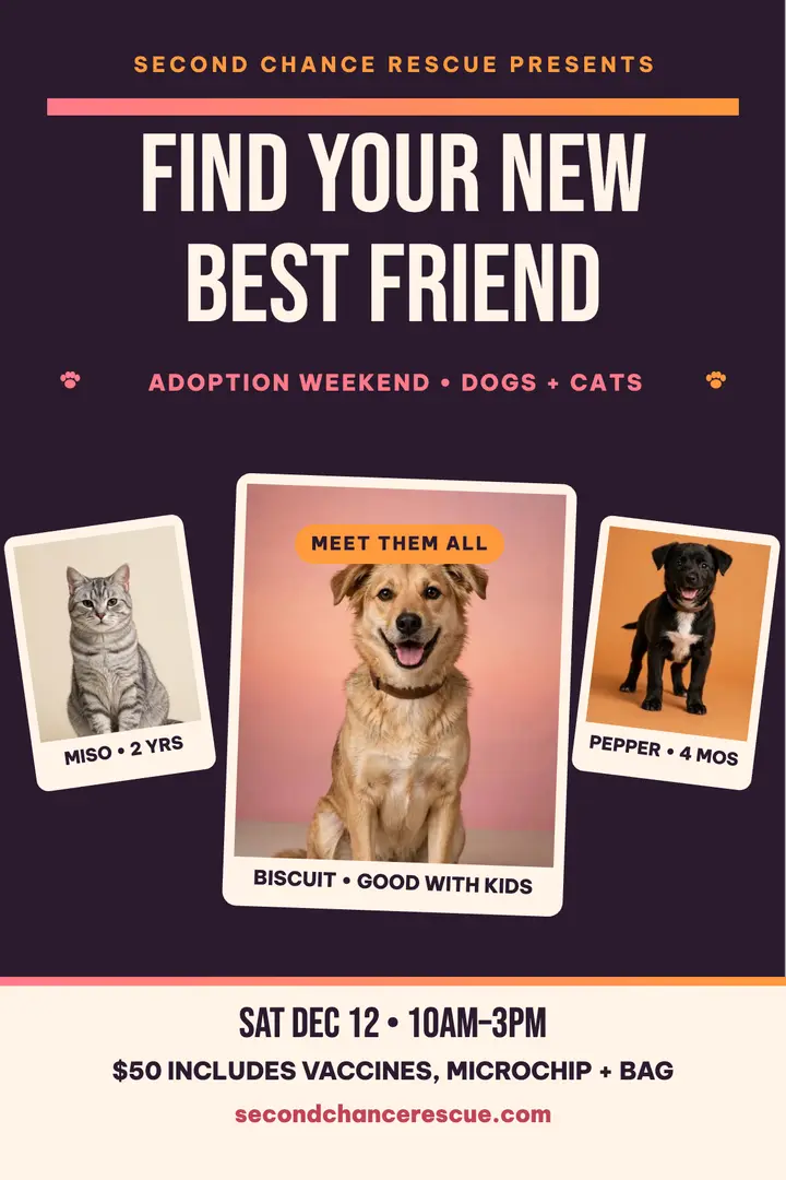 Second Chance Rescue adoption weekend poster: pet adoption poster template