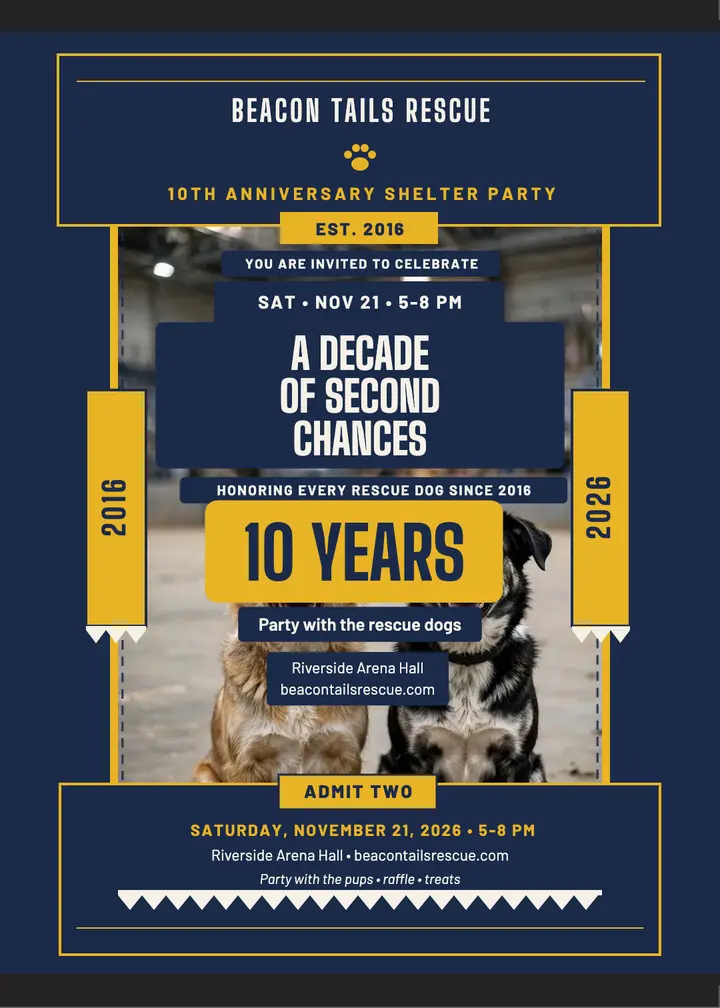 Beacon Tails ten year shelter party invitation: shelter anniversary invitation template