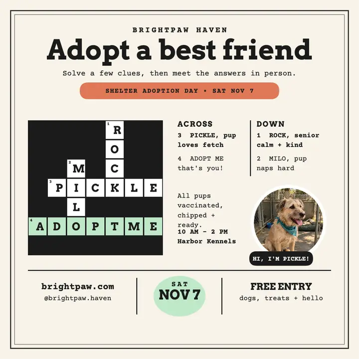 Brightpaw Haven adoption crossword post template