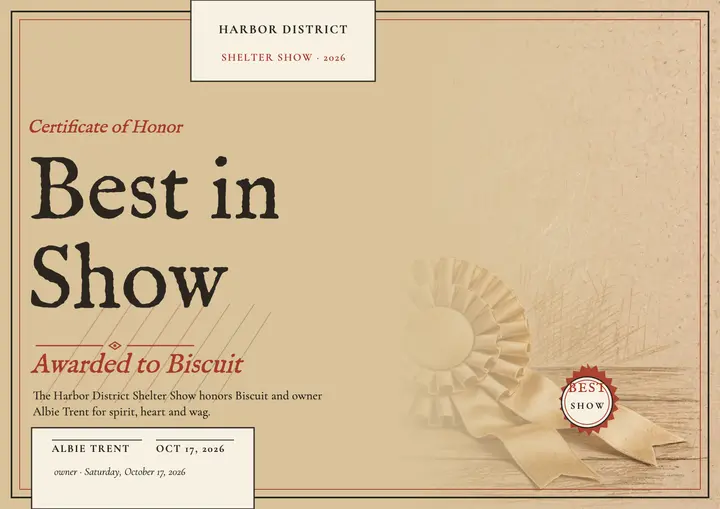 Shelter show Best in Show certificate for Biscuit template