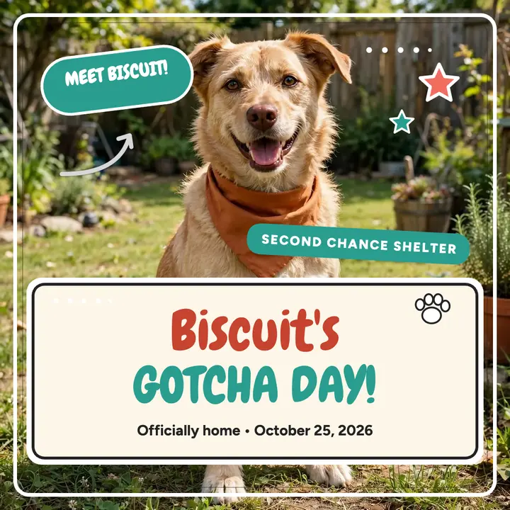Biscuit gotcha day post, shelter dog template