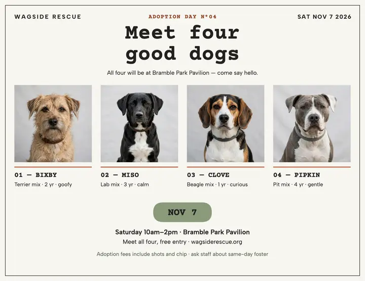 Wagside Rescue adoption day dog grid flyer: dog adoption flyer template