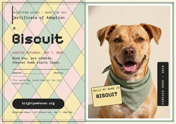 Biscuit adoption certificate, Brightpaw Haven template
