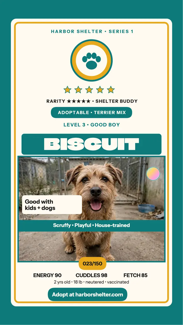 Biscuit shelter trading card story template