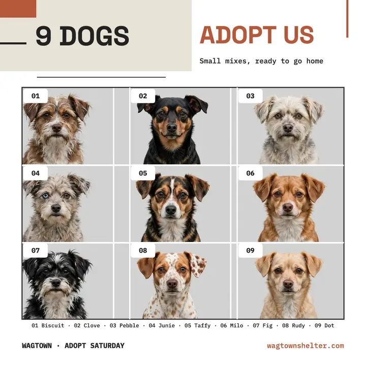 Wagtown nine dogs adoption grid template