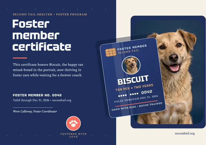 Second Tail foster member card certificate template
