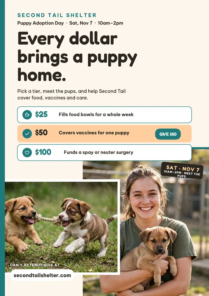 Second Tail Shelter puppy fundraiser tiers template