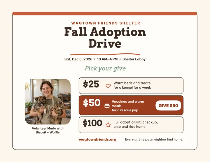Wagtown shelter giving tiers flyer: adoption fundraiser flyer template