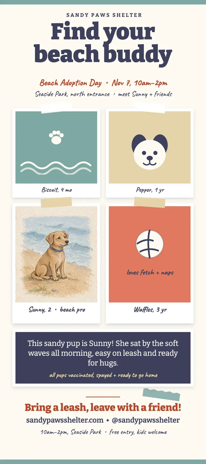 Sandy Paws beach adoption day rack card: dog adoption poster template