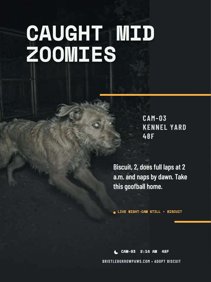 Bristleburrow night-cam Biscuit zoomies post template