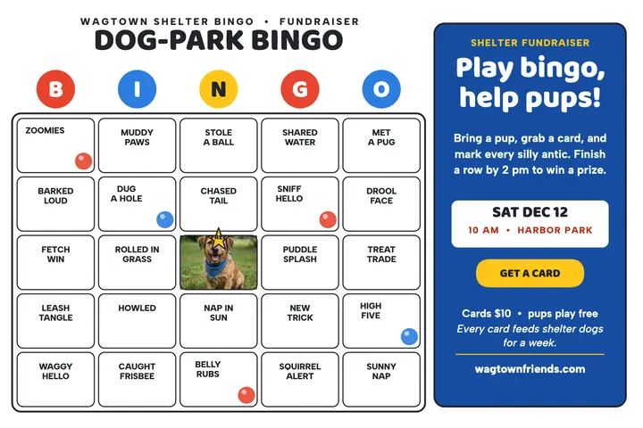 Wagtown Shelter dog-park bingo postcard template