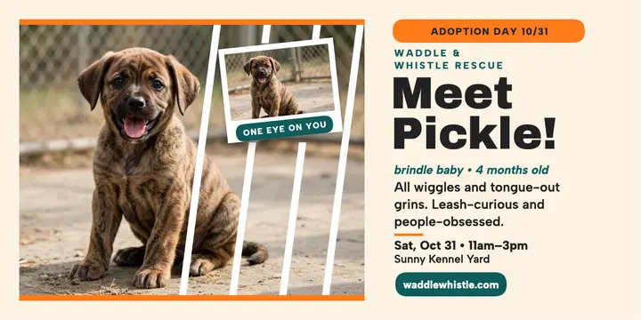 Pickle brindle pup adoption day post: puppy adoption post template