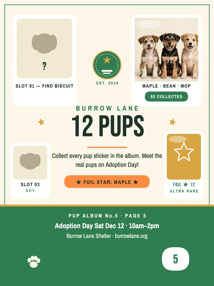 Burrow Lane shelter pup album page: puppy adoption sticker album template