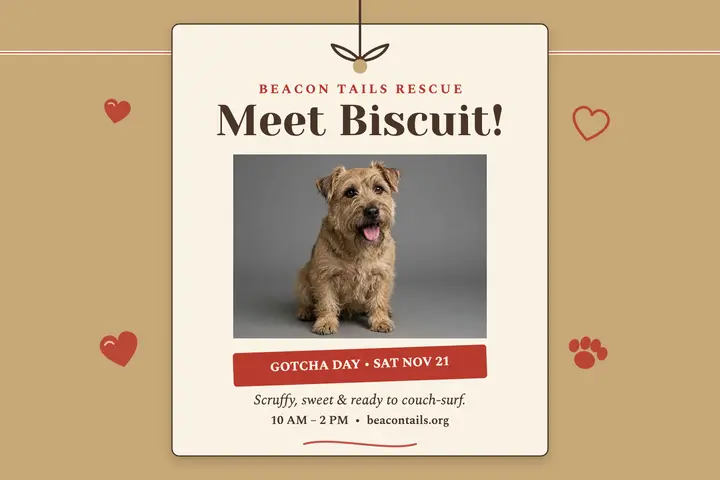 Beacon Tails puppy adoption kraft postcard: pet adoption postcard template