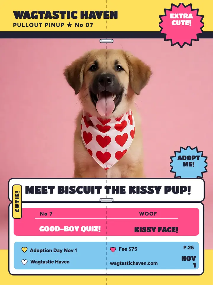 Biscuit shelter puppy pinup, teen mag: puppy adoption pinup template