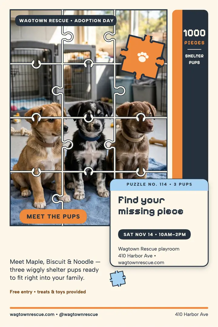 Wagtown puppy adoption puzzle poster template