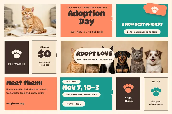 Wagtown Shelter adoption day puzzle postcard template